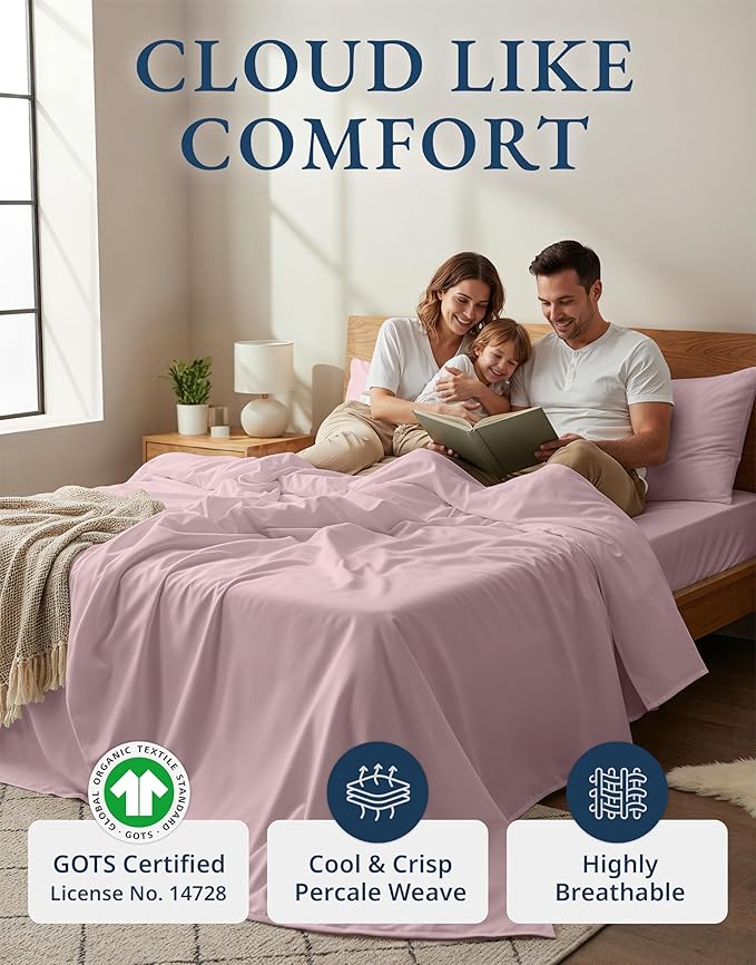 LANE LINEN 100% Organic Cotton King Size Sheets Set, Machine Washable Fully Elasticized Low Pill Fade Resistant Cotton Sheets, Soft & Comfy Percale Eco Friendly All Season sábanas King -Sepia Rose