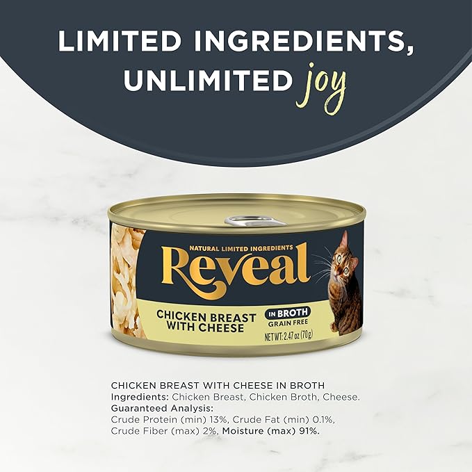 Reveal Natural Wet Cat Food, 24 Count, Grain Free, Limited Ingredient Canned Food for Cats, Chicken Breast with Cheese in Broth, 2.47 oz Cans-Mewly Pet