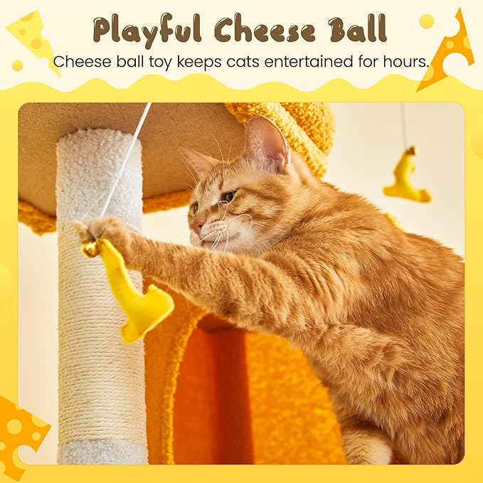 MWPO Cat Tree, 70.1-Inch Tall Cat Tower for Indoor Cats Large Adult, Multi-Level Cat Condo with 5 Scratching Posts, 2 Padded Perches, Hammock, Dangling Toys, Yellow-Mewly Pet