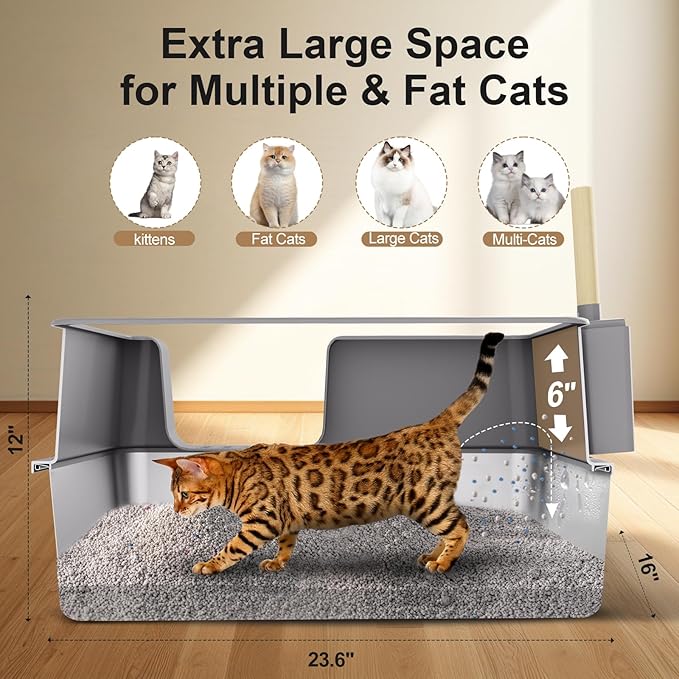 Sousia Stainless Steel Litter Box - Cat Litter Box Enclosure with Lid, High Side Large Cat Litter Tray Easy Cleaning Anti-Leakage with Litter Scoop and High Wall Sides Enclosure for Big Cats-Mewly Pet