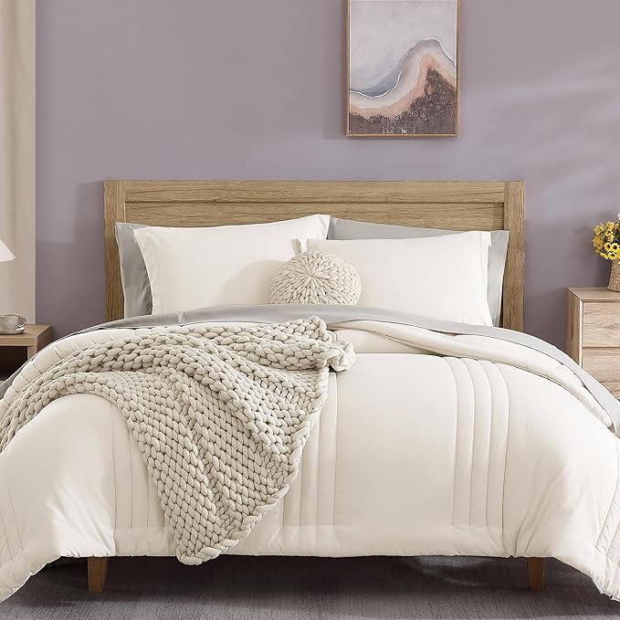 Monbix King Size Comforter Set - 7 Pieces Bed in a Bag King, Snow White Bedding Sets with Comforter, All Seasons Down Alternative Comforter Bed Set with Sheets, Pillowcases & Shams