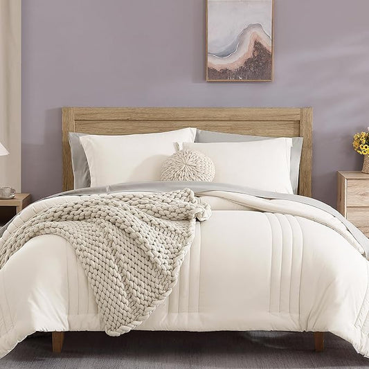 Monbix California King Size Comforter Set - 7 Pieces Bed in a Bag California King, White Bedding Sets with Comforter, All Seasons Down Alternative Comforter Bed Set with Sheets, Pillowcases & Shams