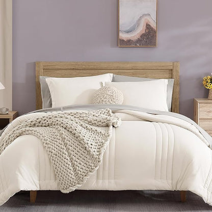 Monbix Full Comforter Set - 7 Pieces White Bed in a Bag Full Size Bedding Sets with Comforters, All Seasons Down Alternative Comforter with Sheets,Pillowcases & Shams