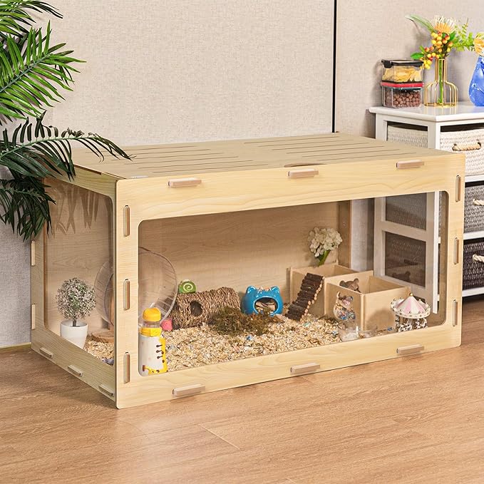 COZIWOW Wooden Hamster Cage Chewproof, Bigger World - 32" Large Hamster Cages and Habitats, Openable Top & 3 Side Acrylic Sheets, Small Animal Cage Pet House for Syrian Dwarf Guinea Pig Chinchilla-Mewly Pet