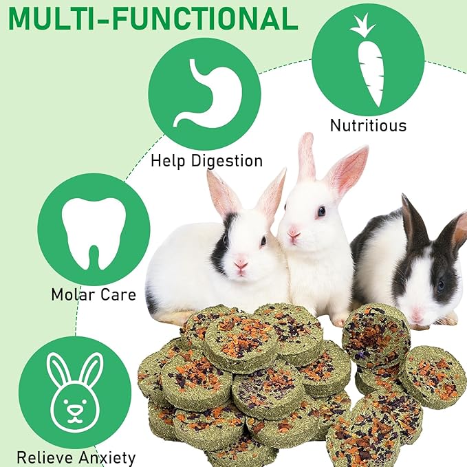 Fhiny 24 PCS Rabbit Chew Toys, Natural Timothy Hay Carrot Pumpkin Purple Potato Biscuit Cubes Bunny Chew Treats for Teeth Care Small Animals Molar Snacks for Hamster Guinea Pig Chinchilla Rat-Mewly Pet