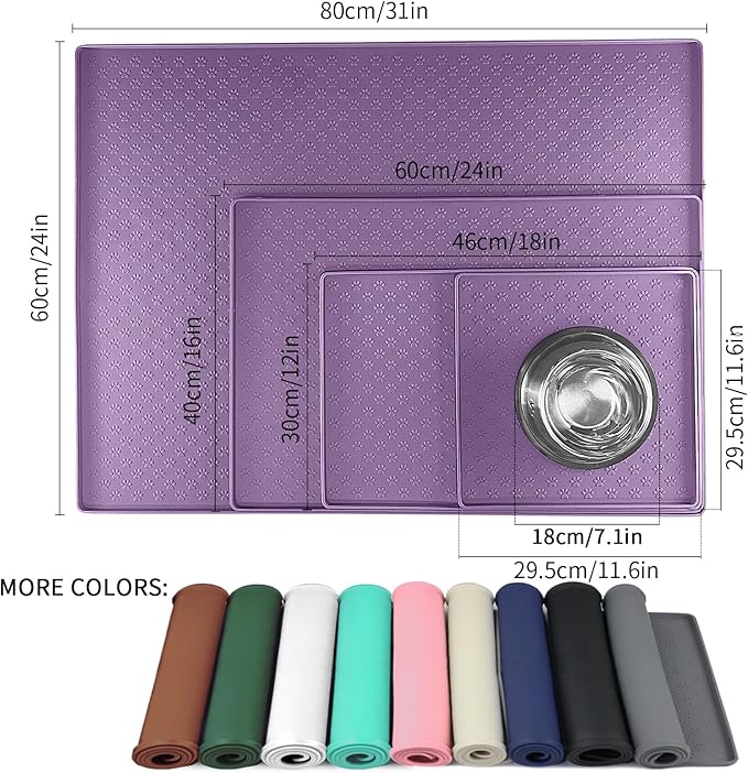 Ptlom Silicone Dog Food Mat Waterproof Pet Feeding Mat with High-Lips, Anti-Slip Dog Bowl Mat for Food & Water, Non-Spill Puppy Feeding Tray for Small, Medium & Large Dogs and Cats, Purple-Mewly Pet