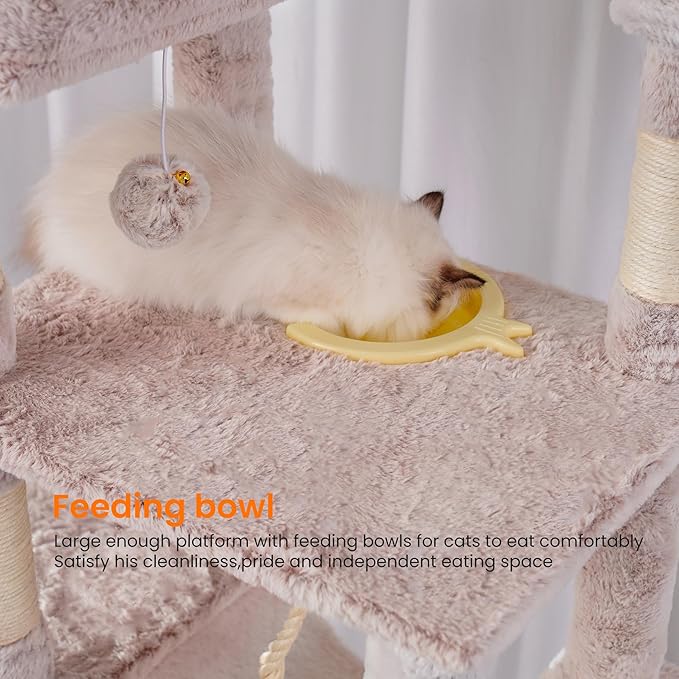 Heybly Tall Cat Tree, 78-inch Multi-Level Cat Tower for Indoor Cats, 2 Widened Plush Perches Cat Condo with Scratching Board and Big Caves, Muchroom HCT033MU-Mewly Pet