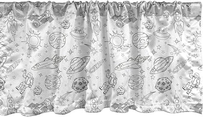 Ambesonne Cartoon Window Valance Pack of 2, Doodle Solar System Astronauts Space Crafts Shooting Stars Science Fiction Theme, Rod Pocket Curtain Valances for Kitchen Bedroom, 54" X 12", White Black