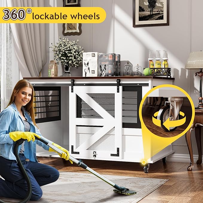 47 inch XL Dog Crate Furniture with Top-Access Teasing/Feeding Doors, Farmhouse Wooden Decorative Dog Crates with Wheels, Chew-Resistant Dog Crates End Table for Medium&Large Dogs, White-Mewly Pet