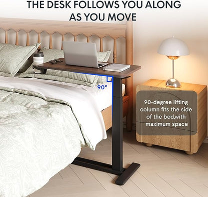 FLEXISPOT Medical Adjustable Overbed Bedside Table with Wheels Pneumatic Mobile Standing Desk Laptop Desk Rolling Computer Cart Movable Table Hospital Home Use(31.5" W x 17.7" D, Mahogany Large)