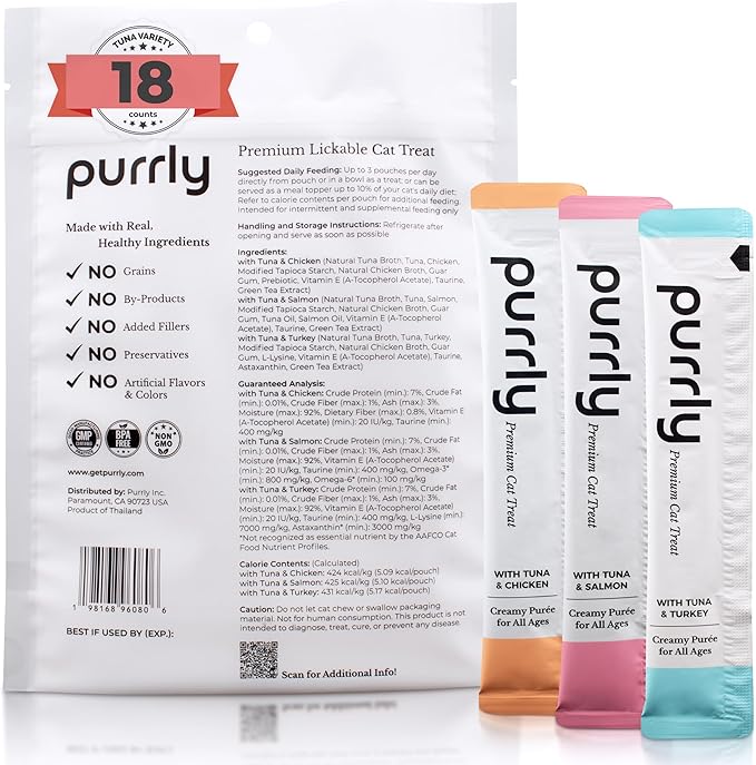 Purrly Cat Treat Snack Wet Lickable Low Calorie Healthy Grain-Free Tuna Variety Packs (18 Count) Squeezable Creamy Purée with Human-Grade Proteins and Functional Nutrients No-Artificial-Additives-Mewly Pet