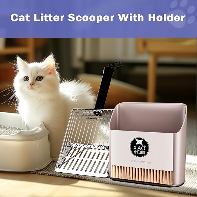 Cat Litter Scooper with Holder, Metal Litter Scoop Includes Portable Small Broom and Dustpan Set, Heavy Duty Stainless Steel Litter Scoop with Coarse and Fine Grid, Quick Sift and Easy Clean-Mewly Pet