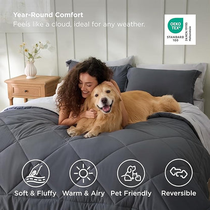 Bedsure Twin Comforter Set - 5 Pieces Reversible Dark Grey Bedding, Twin Size Bed Set for All Seasons, Bed in a Bag with Down Alternative Comforter, Sheets, Pillowcase & Sham