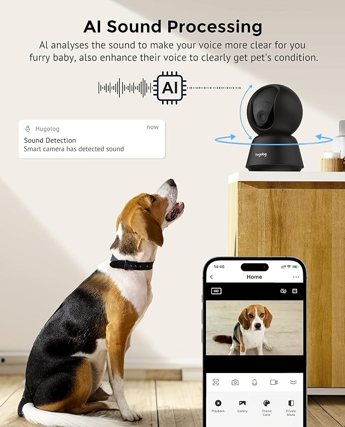 Hugolog 4K 8MP Indoor Pan/Tilt Security Camera with Auto-Focus,Ideal for Baby Monitor/Pet Camera/Home Security,Starlight Color Night Vision,Human/Pet AI,Two-Way Audio,US Cloud,Compatible with Alexa-Mewly Pet