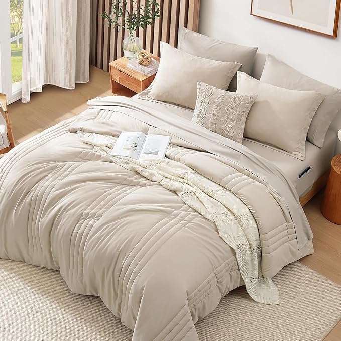 Monbix Full Size Comforter Set - 7 Pieces Beige Bed in a Bag Full Size Bedding Sets with Comforters, All Seasons Comforter with Sheets,Pillowcases & Shams