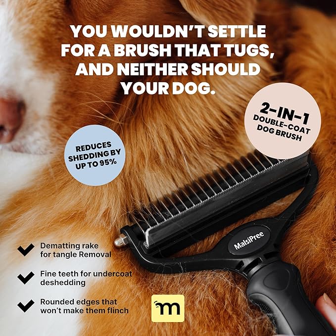 MalsiPree Dog Brush - Large, Black - 2-in-1 Undercoat Rake & Dematting Rake - Shedding Brush & Deshedding Tool for medium to Large Double-Coated Dogs & Cats-Mewly Pet