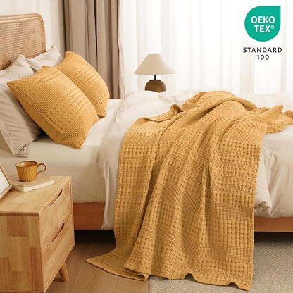 PHF 100% Cotton Waffle Weave Throw Blanket, Soft Lightweight Breathable Cozy Throws for Couch Bed Sofa, Luxury Aesthetic Woven Blanket for Home Decor & Office, 50"x60", Pumpkin Orange