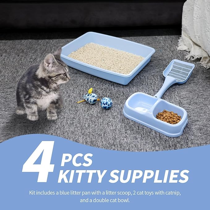 PAWISE Cat Litter Box Set, Small Cat Kitten Starter Kit, Include Cats Toilet Kitten Litter Pan, Cat Litter Scoop, Double Dish Cat Bowl, Cat Mouse Toy, Cat Ball Toy-Mewly Pet