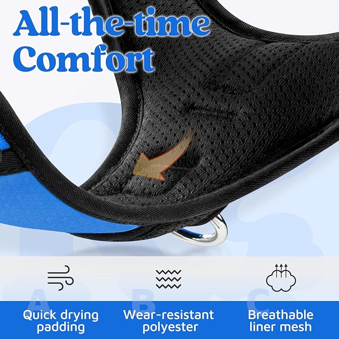 rabbitgoo Dog Harness Medium Sized, No Pull Dog Vest with 3 Buckles, Adjustable Soft Padded Pet Harness with Easy Control Handle and Reflective Strips, Blue, M-Mewly Pet