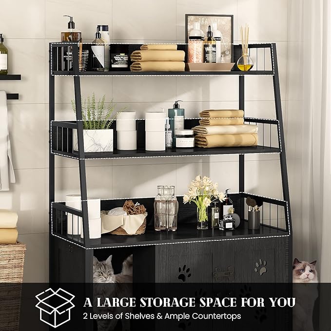 Recaceik Large Cat Litter Box Enclosure with Shelf Storage, Hidden Cat Washroom Furniture, Wooden Cat House with Scratch Pad, Sturdy Indoor Cat Cabinet with 2 Doors, Black-Mewly Pet