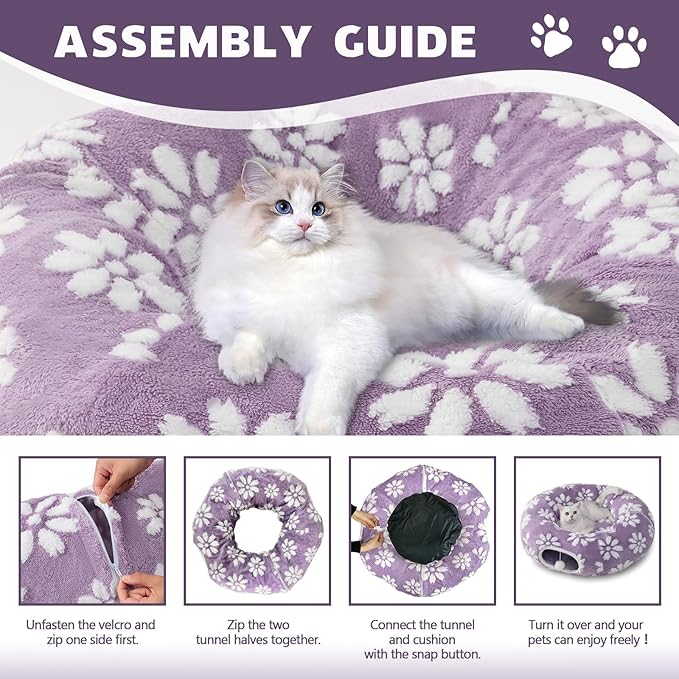 Cat Tunnel for Indoor Cats, Cute Peekaboo Cat Cave with Dangling Balls, Pet Donut Tunnel Bed with Circle Mat for Puppy Kitten Rabbit, Purple-Mewly Pet