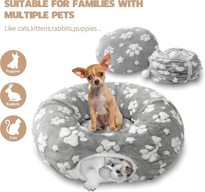 Cat Tunnel for Indoor Cats, Cute Peekaboo Cave with Dangling Balls, Pet Donut Tunnel Bed with Circle Mat for Puppy Kitten Rabbit, Grey-Mewly Pet