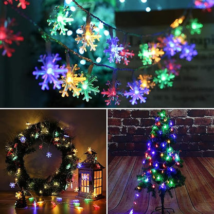 BrizLabs Colored Snowflake Lights, 40 LED 16.08ft Snow Flake Christmas Lights with Remote, 8 Modes LED String Lights Waterproof, Dimmable Battery Xmas Lights for Indoor Outdoor Christmas Tree Decor