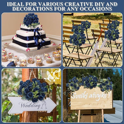 Zeyune 8 Pack 12 Inch Wedding Bouquets for Bride Bridesmaid Dark Blue Artificial Rose Bouquet Fake Silk Roses Flowers Bunches Bulk for Home Office Garden Parties Decoration