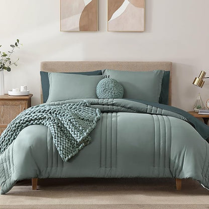 Monbix Full Size Comforter Set - 7 Pieces Sage Green Bed in a Bag Full Size Bedding Sets with Comforters, All Seasons Comforter with Sheets,Pillowcases & Shams