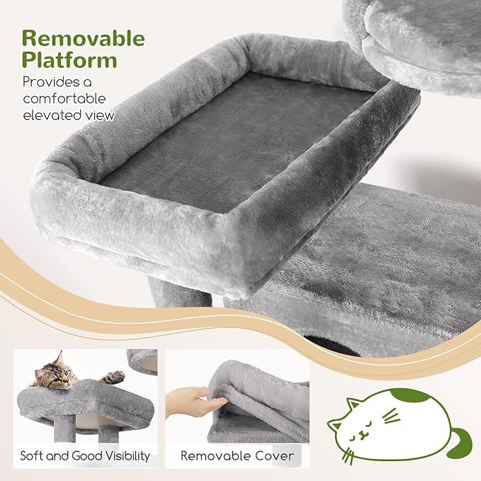 Globlazer Cat Tree, 70 inch Tall Scratching Tower Multi-Level Cat Condo for Indoor Multiple Cats with 2 Large Cat Caves, Top Perch, Large Platform, Bottom Swing, F70B, Light Grey-Mewly Pet