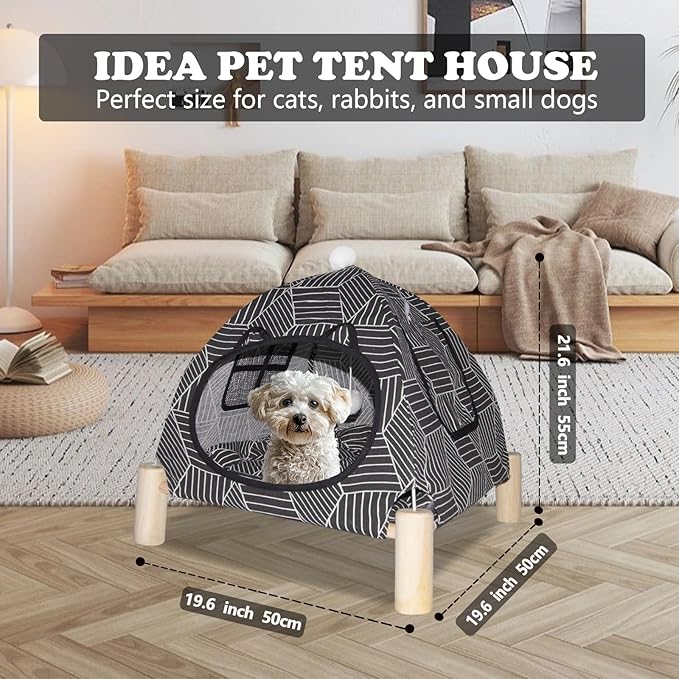 2-in-1 Elevated Cat Tent Cat House, Quick Assembly and Disassembly, Portable Indoor/Outdoor Cute Cat Bed Cave-Black Diamond Pattern-Mewly Pet