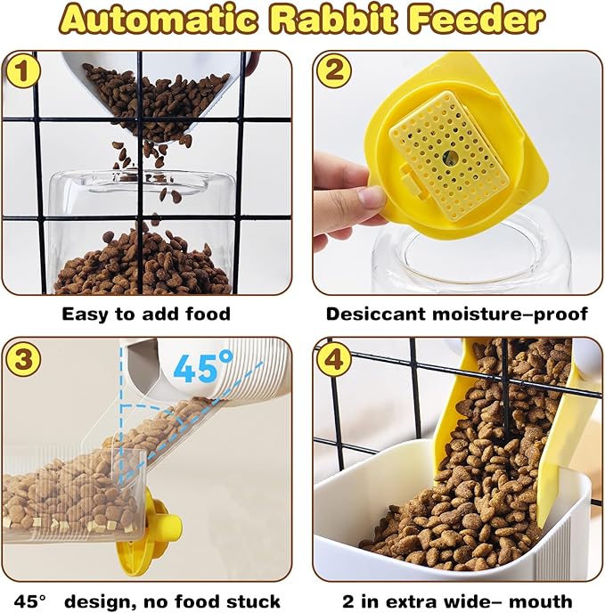 kathson Automatic Rabbit Feeder and Waterer Set, Gravity Pet Food Water Dispenser Bunny Pellet Feeder Small Animal Feeding & Watering Supplies for Guinea Pig Ferret Crate Accessories (Yellow)-Mewly Pet