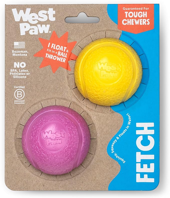 WEST PAW Boundr Ball Dog Fetch Toy – Bouncing Toys for Dogs, Fetch, Catch, Chewing, Play – Floatable, Recyclable Balls – Small Dandelion Yellow/Hot Pink 2-Pack-Mewly Pet