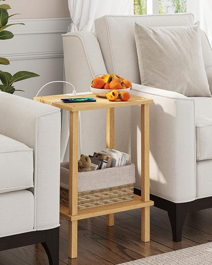 TUTOTAK End Table with Charging Station, Small Side Table with Outlets, Nightstand Bedside Table, 2-Tier Storage Shelf for Small Space, Living Room, Bedroom, Natural TB01BN040