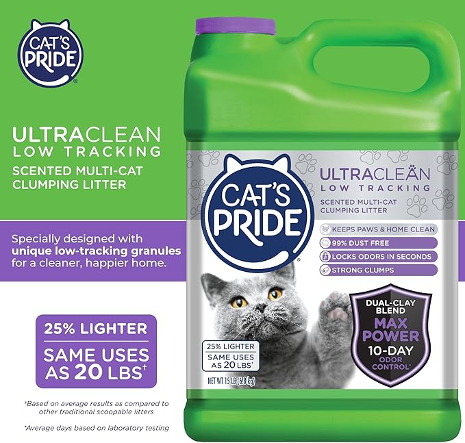 Cat's Pride Max Power: UltraClean Low Tracking Multi-Cat Clumping Litter - Keeps Paws & Home Clean - Up to 10 Days of Powerful Odor Control - 99% Dust Free - Fresh Scent, 15 Pounds-Mewly Pet