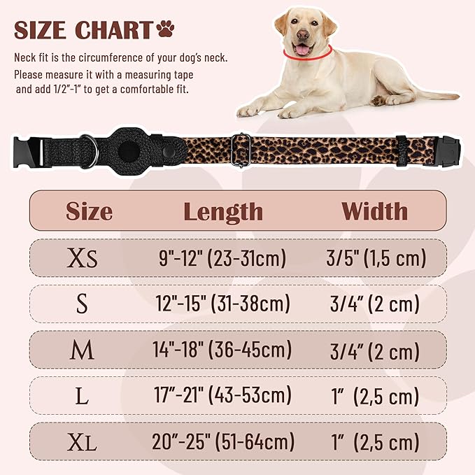 AirTag Dog Collar for Small Medium Large Breed - Adjustable Cute Pattern Dog Collar with Airtag Holder - Soft Leather Tracker GPS Apple Air Tag Pet Collars (Small, 12"-15" Neck Fit, Leopard)-Mewly Pet