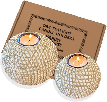 Luca Orb Tea Light Candle Holders (Gift Boxed Set of 2) Grid Pattern, Beige and White