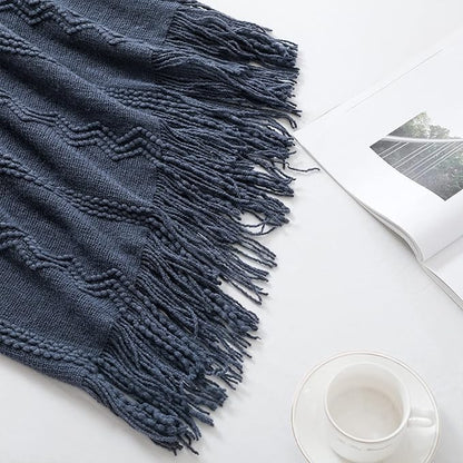 BOURINA Navy Throw Blanket 50x60 Inches Throw Textured Solid Soft Sofa Throw Couch Cover Knitted Decorative Blanket