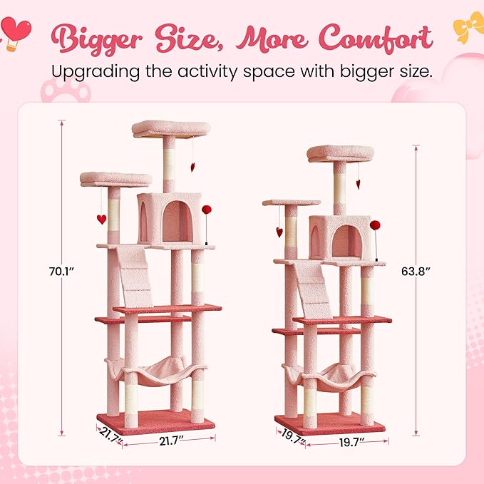 MWPO Cute Cat Tree, 70.1-Inch Tall Pink Cat Tower for Indoor Cats Large Adult, Multi-Level Cat Condo with 5 Scratching Posts, 2 Padded Perches, Hammock, Dangling Toys-Mewly Pet