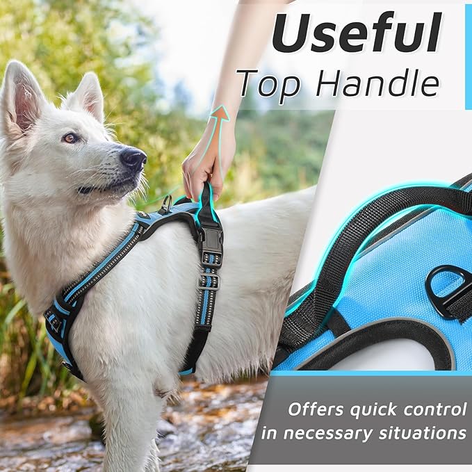 Eagloo Dog Harness Medium Sized Dog, No Pull Service Vest with Reflective Strips and Control Handle, Adjustable and Comfortable for Easy Walking, No Choke Pet Harness with 2 Metal Rings, Sky Blue, M-Mewly Pet