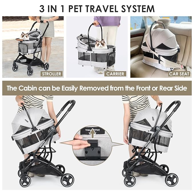 T3 3 in 1 Small Pet Stroller for Dogs & Cats, 4 Wheels for Dogs with Detachable Carrier with Pad, Canopy and Cup Holder, Grey-Mewly Pet