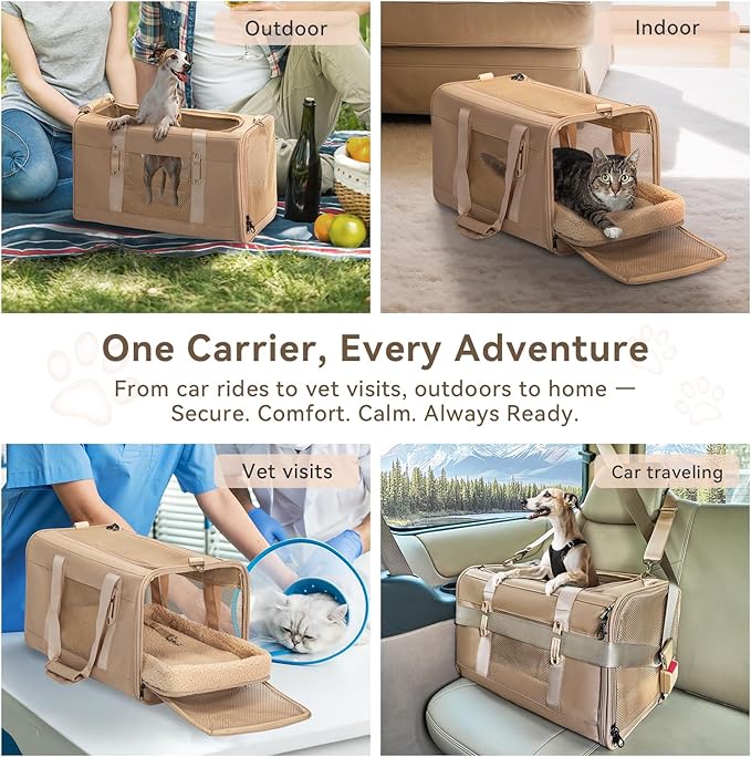 Petsfit 19x12x12 Pet Carrier for Large Cats (up to 20 lbs), Soft-Sided Small Dog Travel Carrier, Upgraded with Patented Buckle and Soft Padding, Ideal for Car Road Trips,Khaki-Mewly Pet