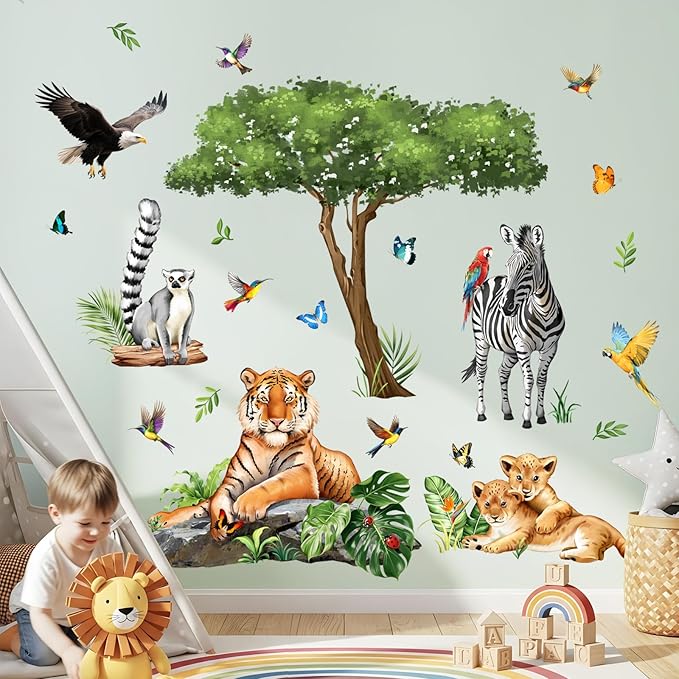 Jungle Safari Animal Wall Decals for Kids Room - Tiger Leopard Zebra Wildlife Wall Stickers Removable Vinyl Nursery Decor for Baby Toddlers Bedroom Classroom Playroom