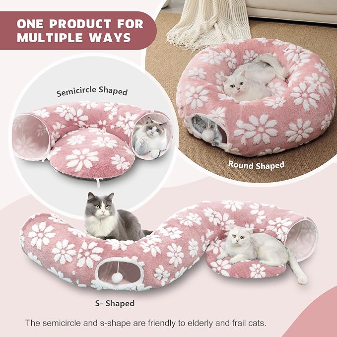 Cat Tunnel for Indoor Cats, Cute Peekaboo Cat Cave with Dangling Balls, Pet Donut Tunnel Bed with Circle Mat for Puppy Kitten Rabbit, Pink-Mewly Pet
