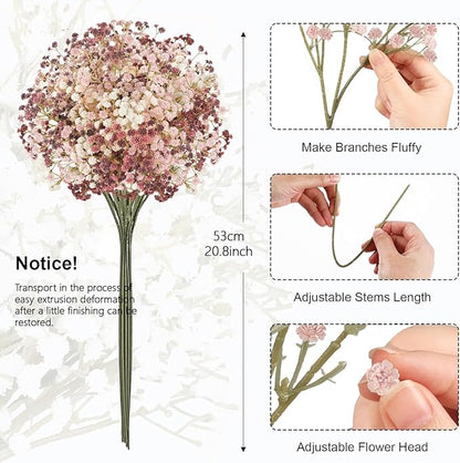 Baby Breath Fall Flowers Artificial Bulk, 15Pcs Fall Decor Fake Gypsophila Plants Bouquets Flowers Real Touch Faux Babies Breath Arrangement for Home Autumn Wedding Party Vase Decoration Pink
