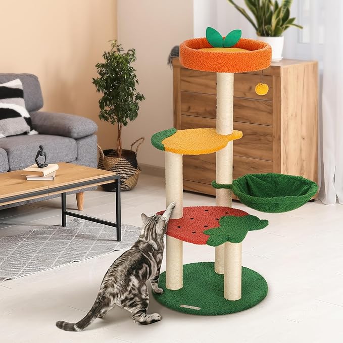 Happy & Polly Cute Cat Tree - 40.5" Fruit World Cat Tower for Indoor Cats, Cat Tree Condo with Sisal Scratching Posts, Cozy Hammock, Plush Strawberry Perches, Kitten Cat Trees Towers Activity Center-Mewly Pet