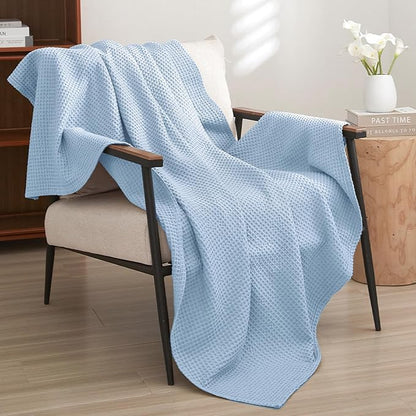 PHF Pre-Washed Cotton Waffle Weave Blanket Throw Size for Couch Bed,Snag Proof Spring Summer Lightweight Breathable,Oeko-TEX Certified,Machine Washable, Home Decor Gift，Sky Blue/Baby Blue