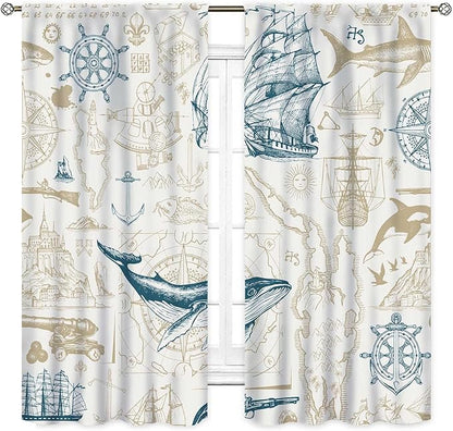 Vintage Nautical Curtains, Marine Coastal Sailboat Compass Anchor Ocean Beach Whale Old Pirate Map Decorative Drapes for Bedroom Living Room Kitchen Bathroom Window 2 Panels Set, 63"x72" Inch