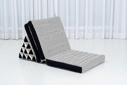 Leewadee - Comfortable Japanese Floor Mattress - Thai Floor Bed with Triangle Cushion - Futon Mattress - Thai Massage Mat, 67 x 21 inches, Black White, Kapok Filling