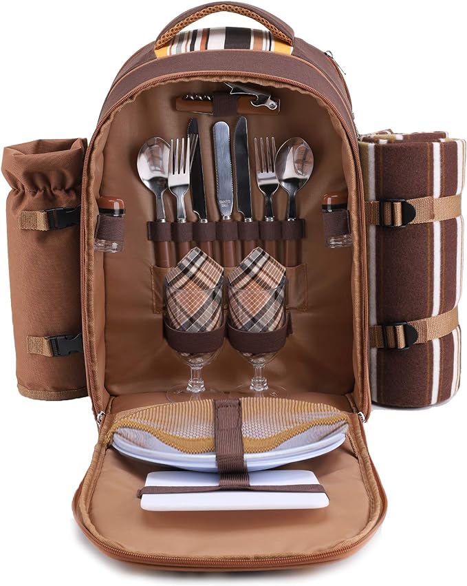 apollo walker Picnic Backpack Bag for 2 Person with Cooler Compartment, Detachable Bottle/Wine Holder, Fleece Blanket, Plates and Cutlery(2 Person, Brown)-Mewly Pet